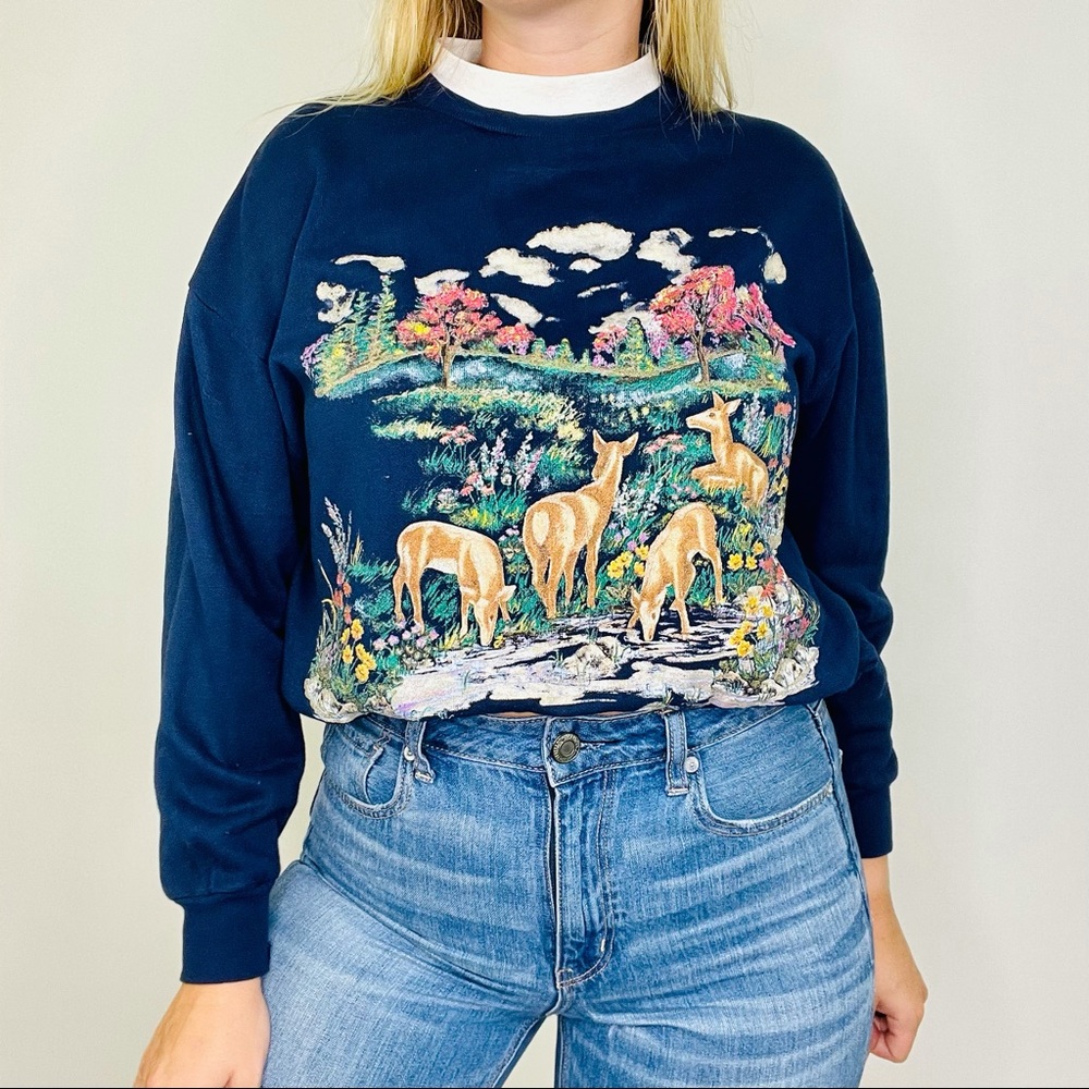 Vintage Cottage Core Deer Scenery Blue Sweatshirt